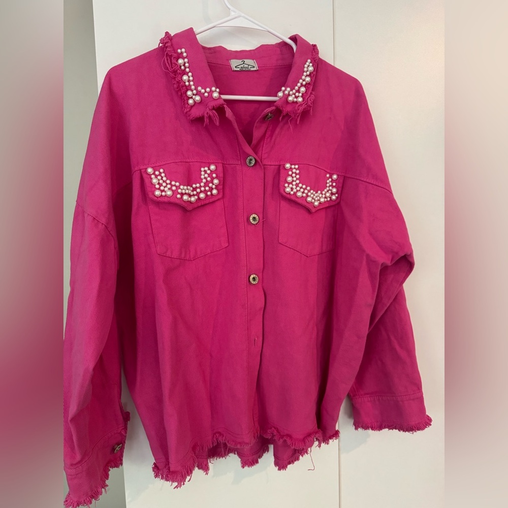 Oversized Pink Pearl-Embellished Women's Button-Up Jacket
